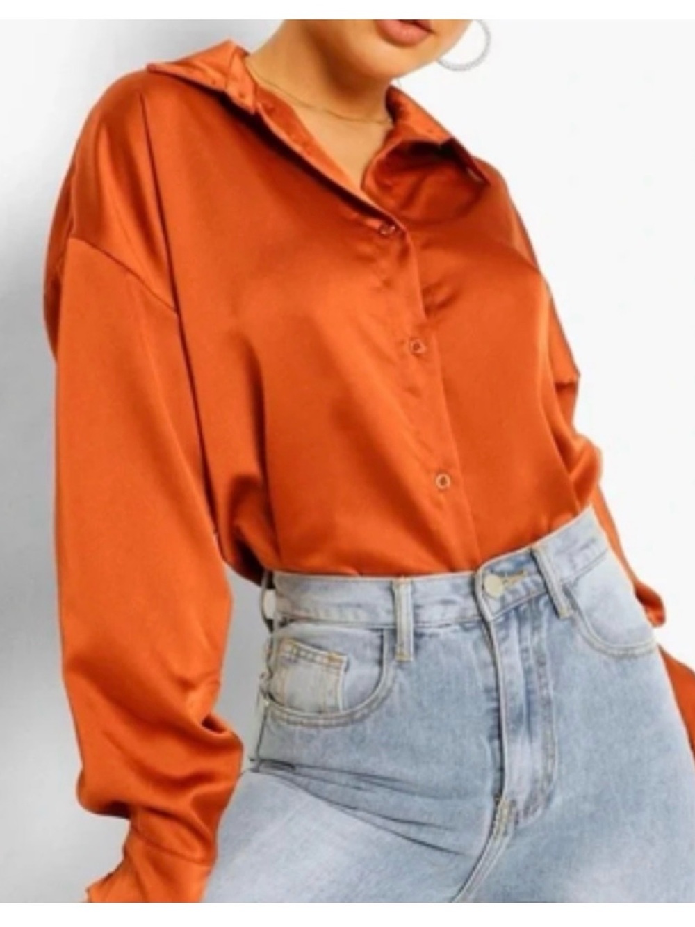 Zara Satin Button-Front Blouse - Vibrant Orange Rust Office Luxury Fall Vibes